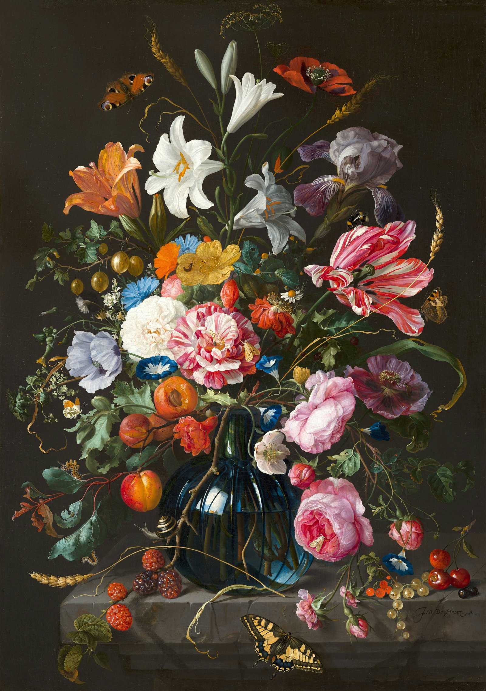 Flower still-life painting in a glass vase