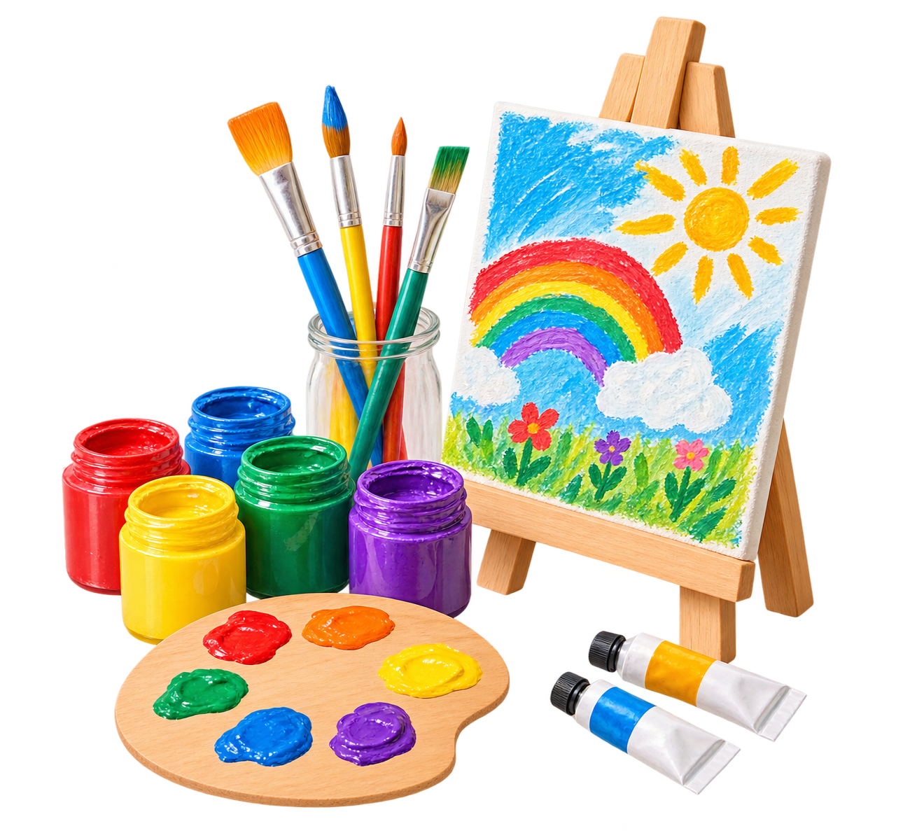 Painting supplies and artwork