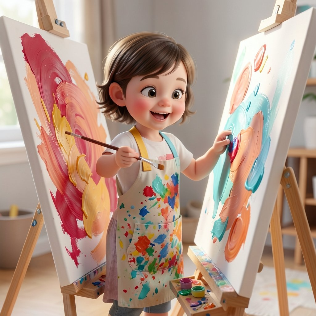 Girl painting at an easel in a bright studio